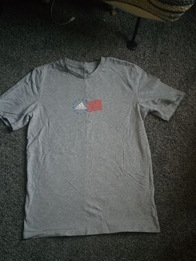 adidas Men’s Gray Tee with Red & Blue Flag Graphic
